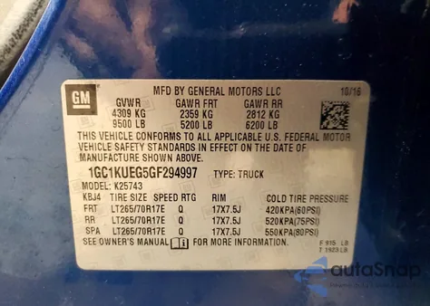 2016 Chevrolet Silverado K2500 Heavy Duty z USA, uszkodzony, nr VIN 1GC1KUEG5GF294997